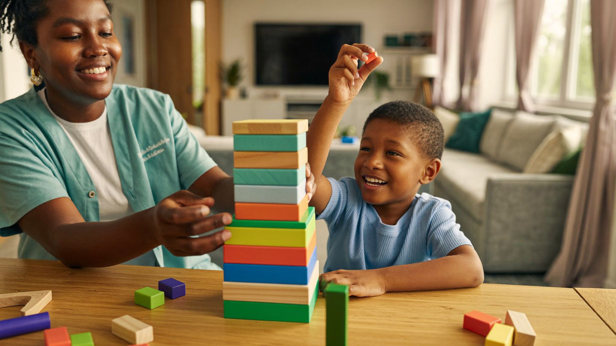 A therapist and child building a tower of colorful blocks together